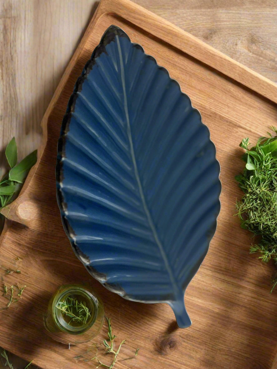 Blue Leaf-Patterned Serving Plate