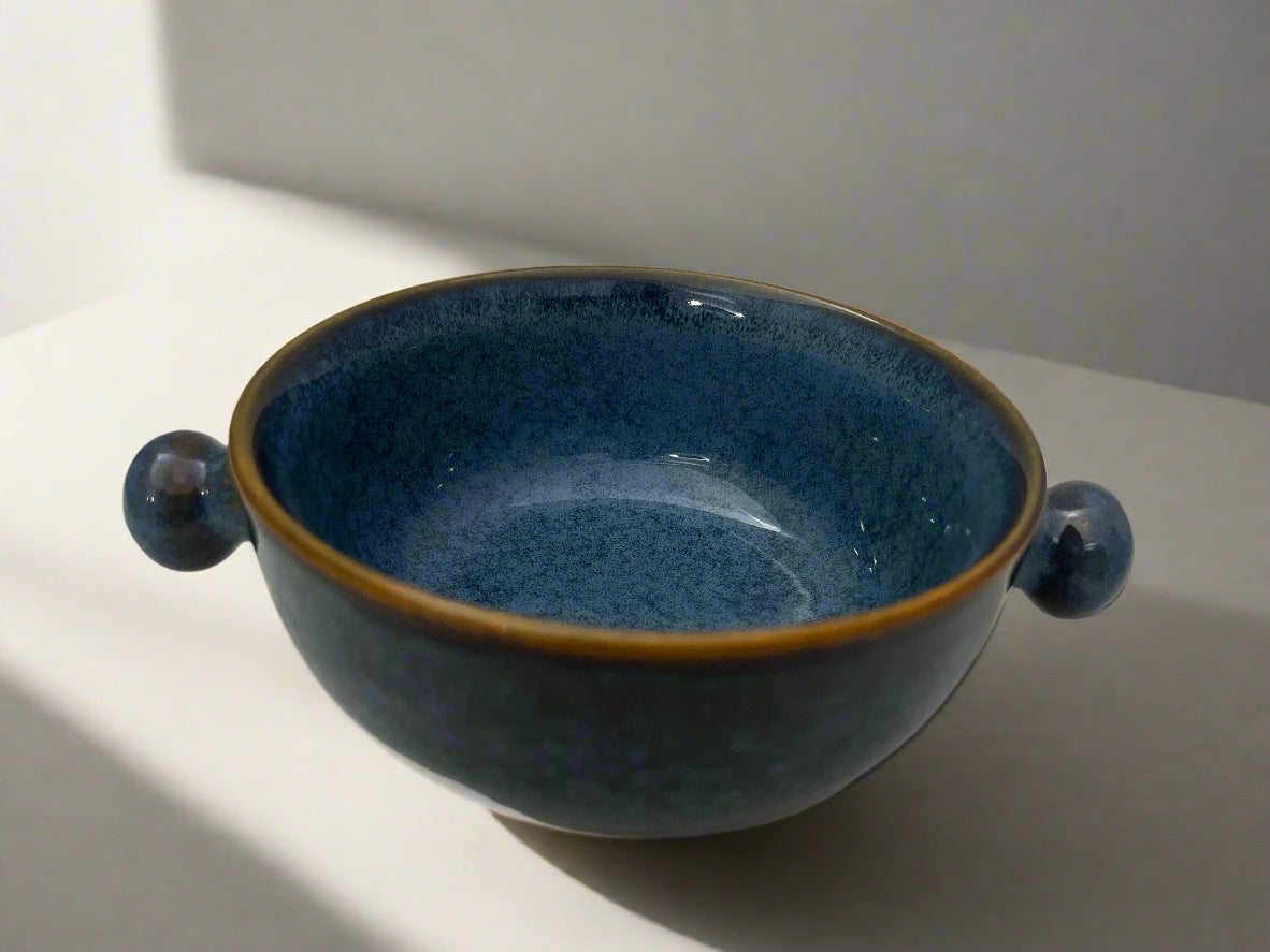 Ceramic Soup Bowl with Dual Handles – Deep Ocean Blue