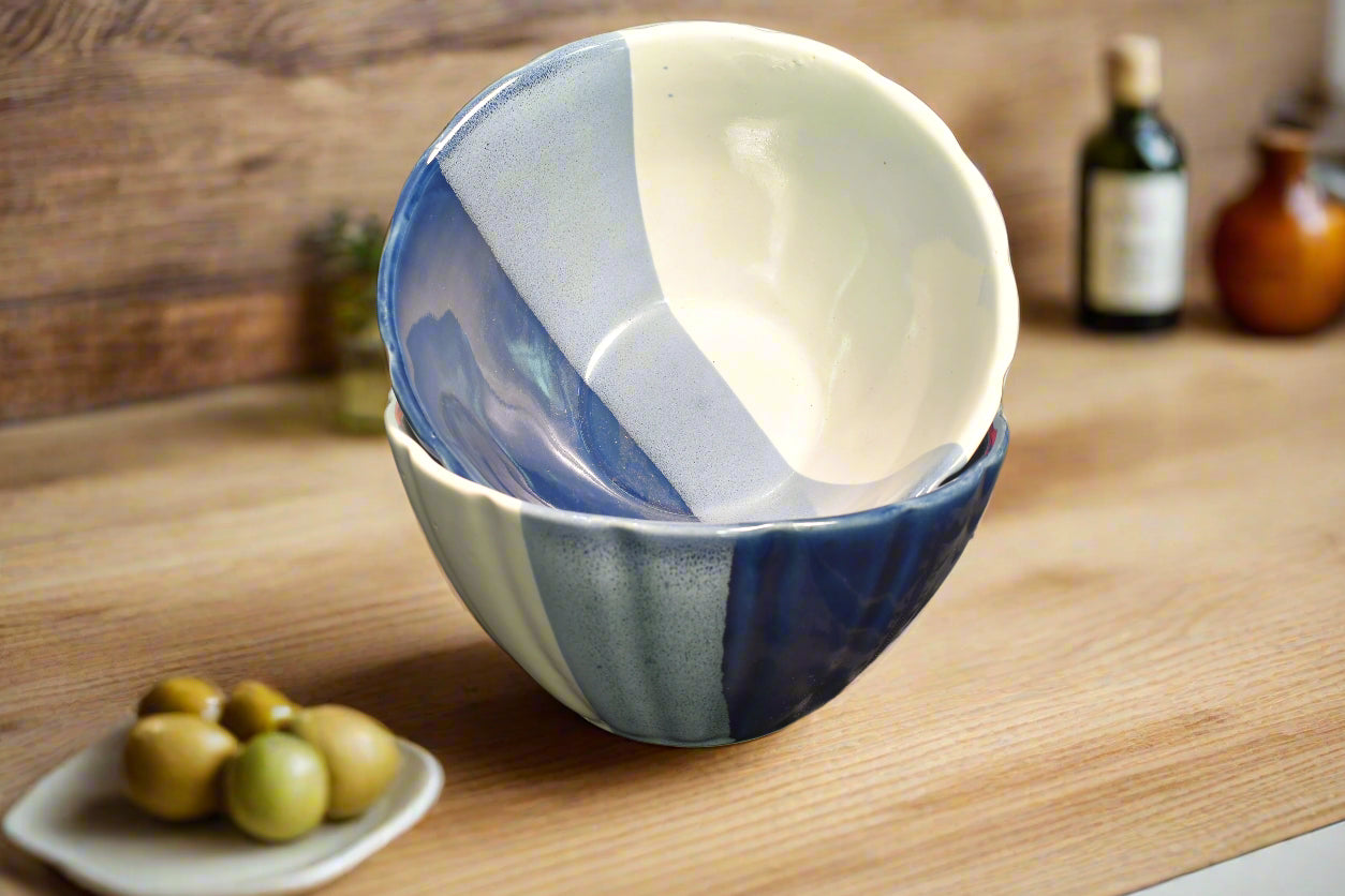 Handcrafted Ceramic Serving Bowls – Dual-Tone Blue & White
