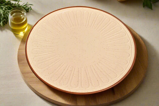 Minimalist Ceramic Service Plate – Speckled Beige with Textured Design