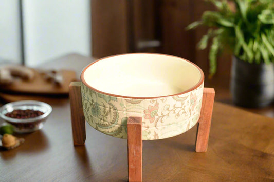 Elegant Ceramic Bowl with Wooden Stand – Floral Print Design