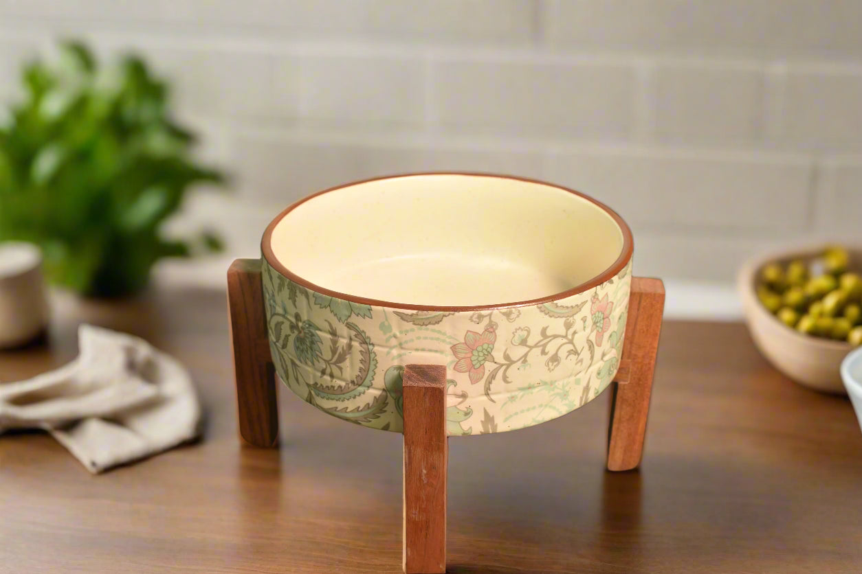 Elegant Ceramic Bowl with Wooden Stand – Floral Print Design