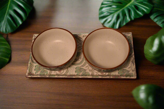 Handcrafted Floral Ceramic Serving Set – 2 Bowls with Matching Tray
