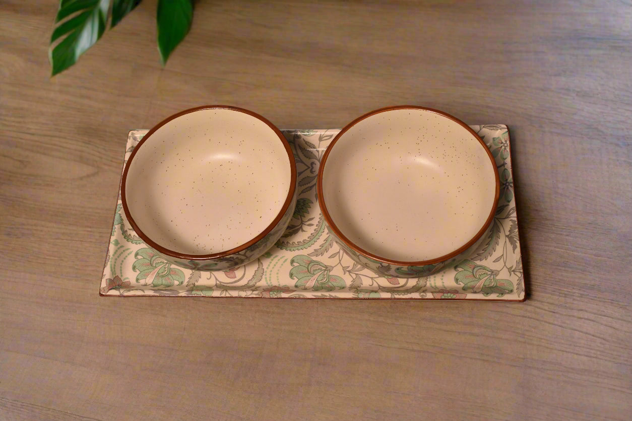 Handcrafted Floral Ceramic Serving Set – 2 Bowls with Matching Tray