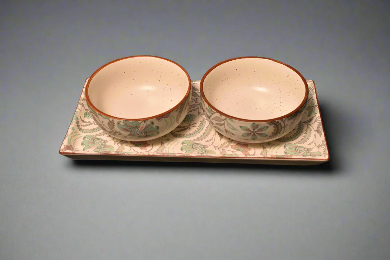 Handcrafted Floral Ceramic Serving Set – 2 Bowls with Matching Tray