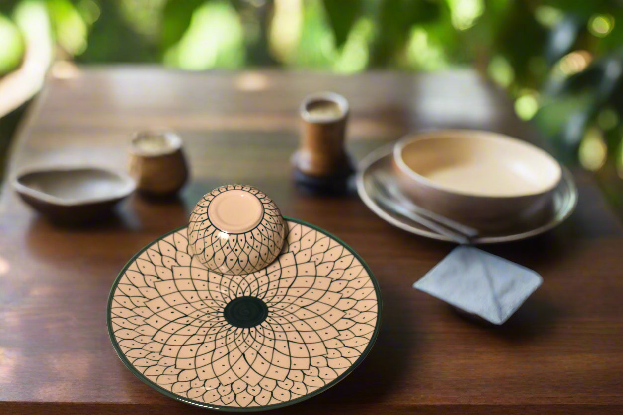 Handcrafted Ceramic Dinner Set – Intricate Geometric Blue & White Design