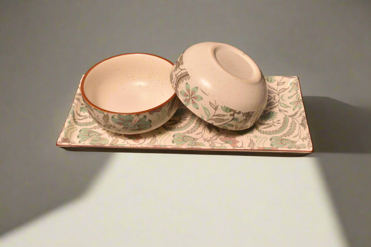 Handcrafted Floral Ceramic Serving Set – 2 Bowls with Matching Tray