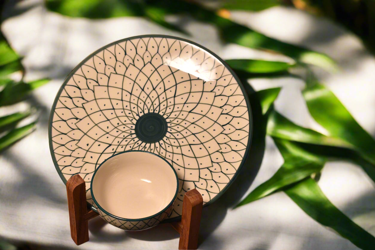 Handcrafted Ceramic Dinner Set – Intricate Geometric Blue & White Design