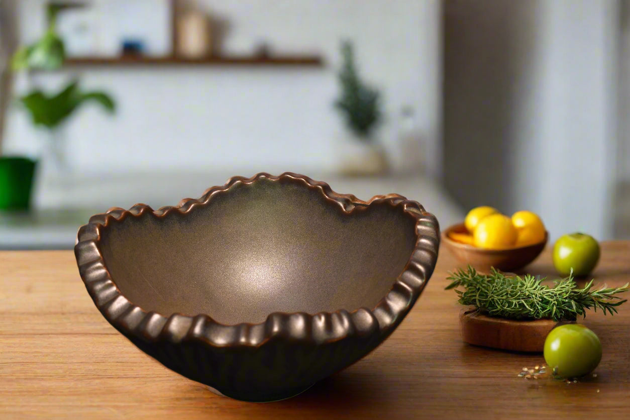 Handcrafted Metallic Finish Ceramic Bowl – Wavy Rim Design