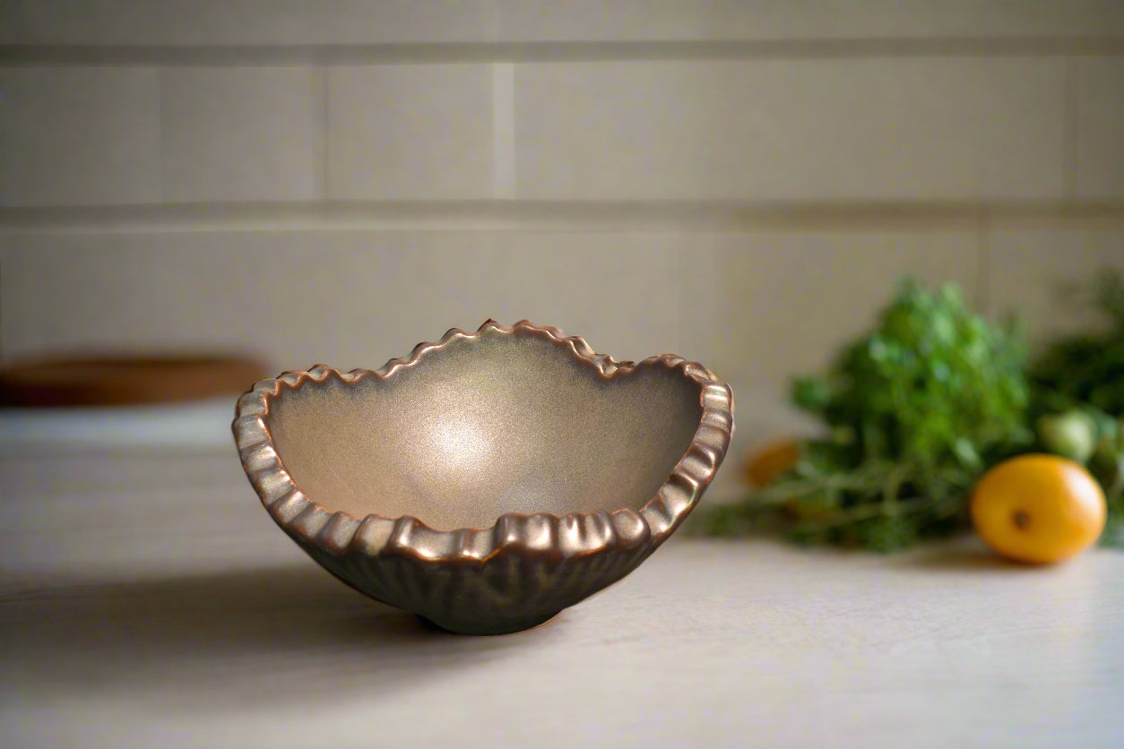 Handcrafted Metallic Finish Ceramic Bowl – Wavy Rim Design