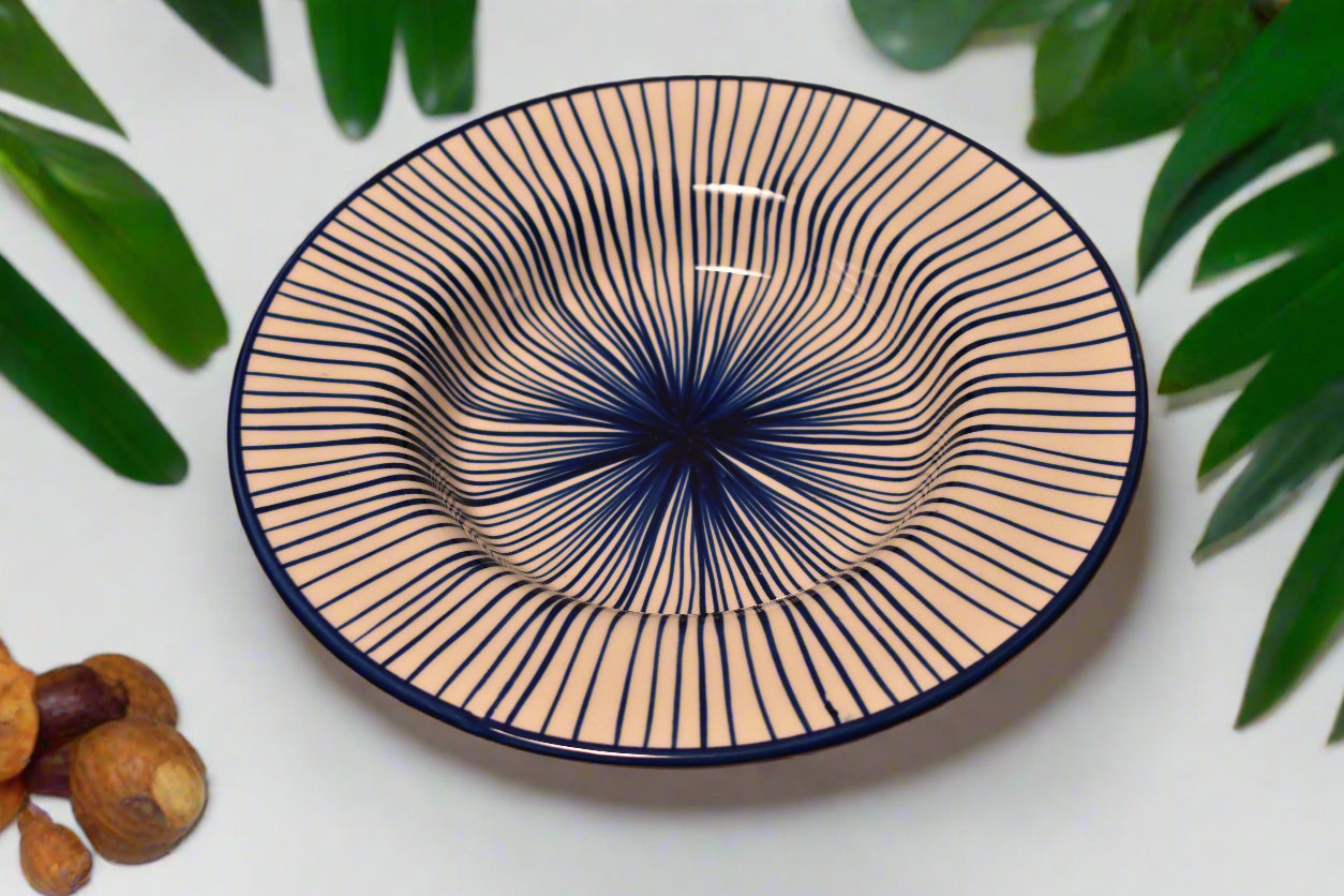 Deep Plate with Radiating Blue Line Pattern
