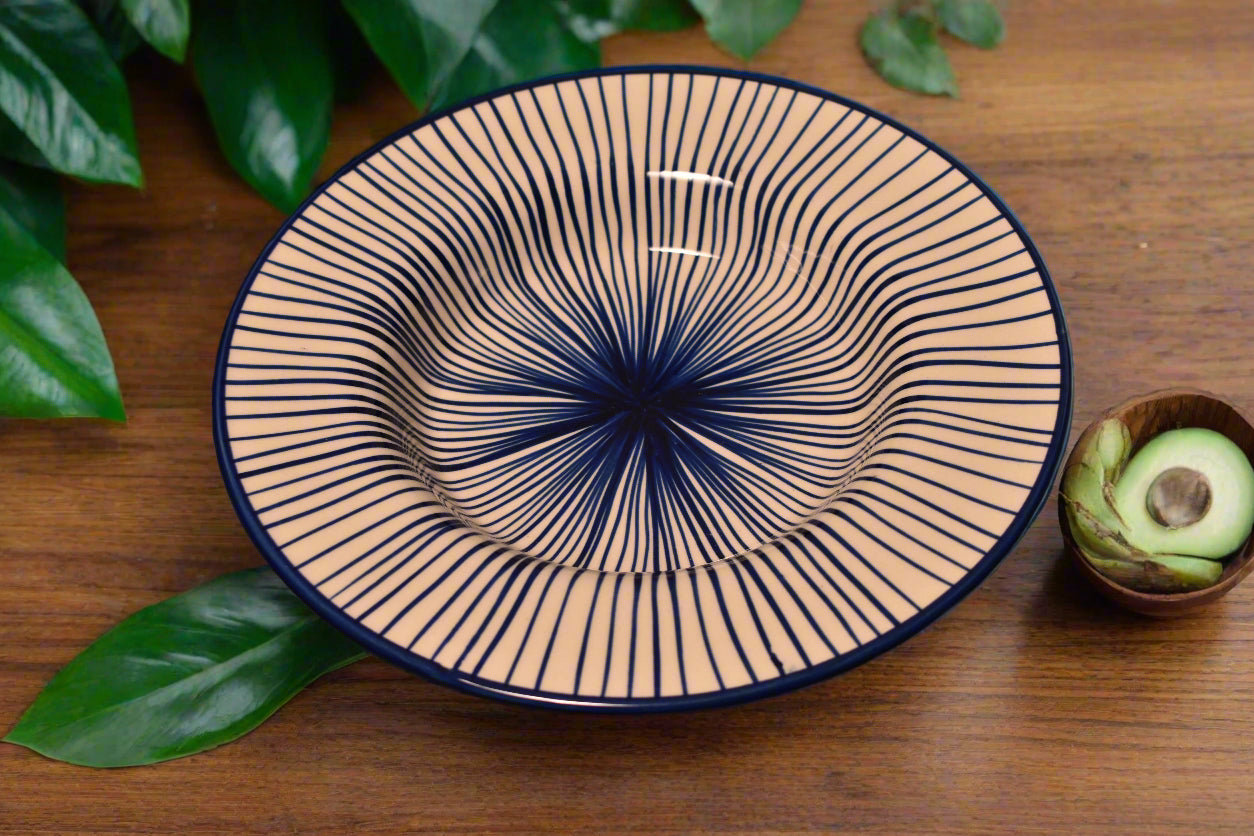 Deep Plate with Radiating Blue Line Pattern
