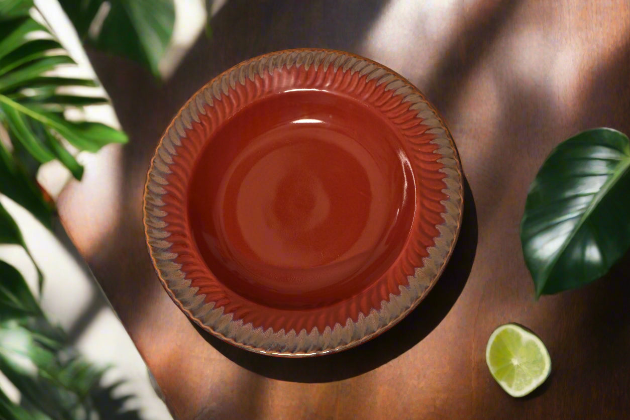 Rustic Red Deep Plate with Textured Rim