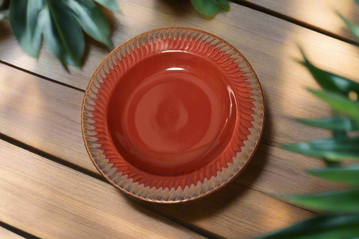 Rustic Red Deep Plate with Textured Rim
