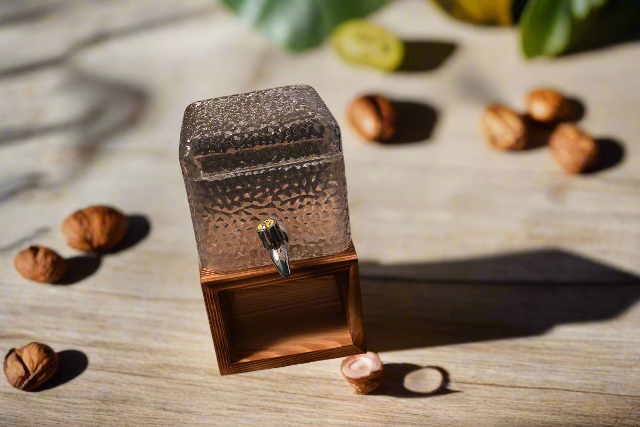 Textured Glass Water Dispenser with Wooden Stand