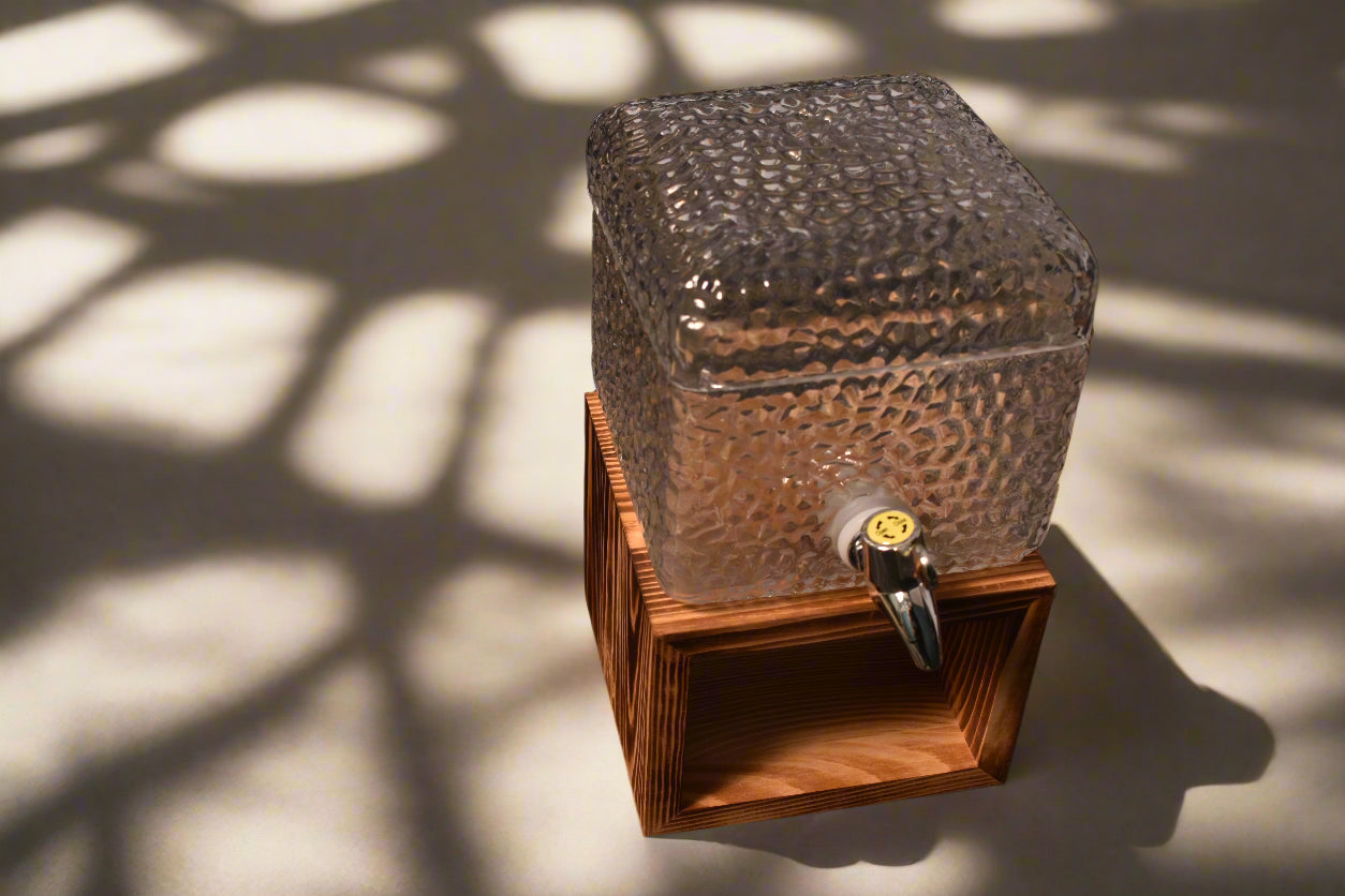 Textured Glass Water Dispenser with Wooden Stand