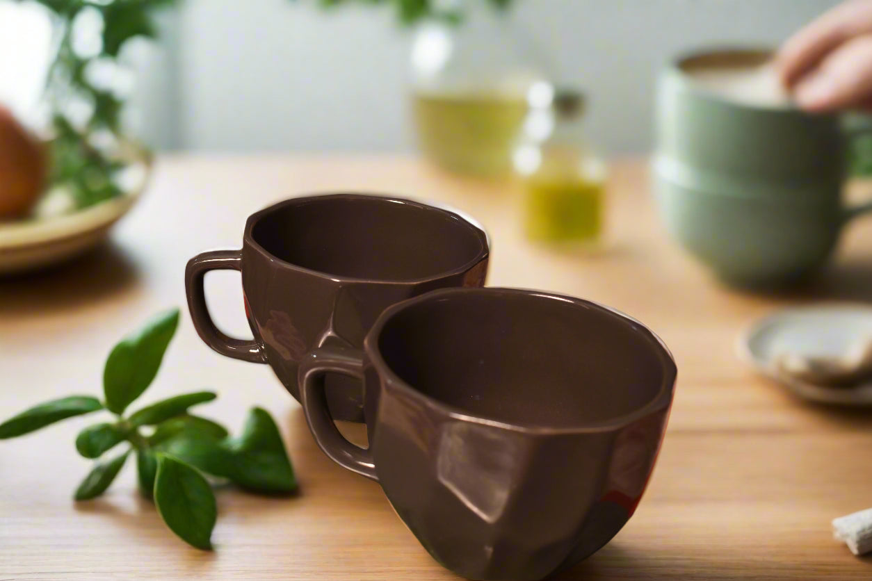 Mocha Brown Facet Ceramic Tea Cups