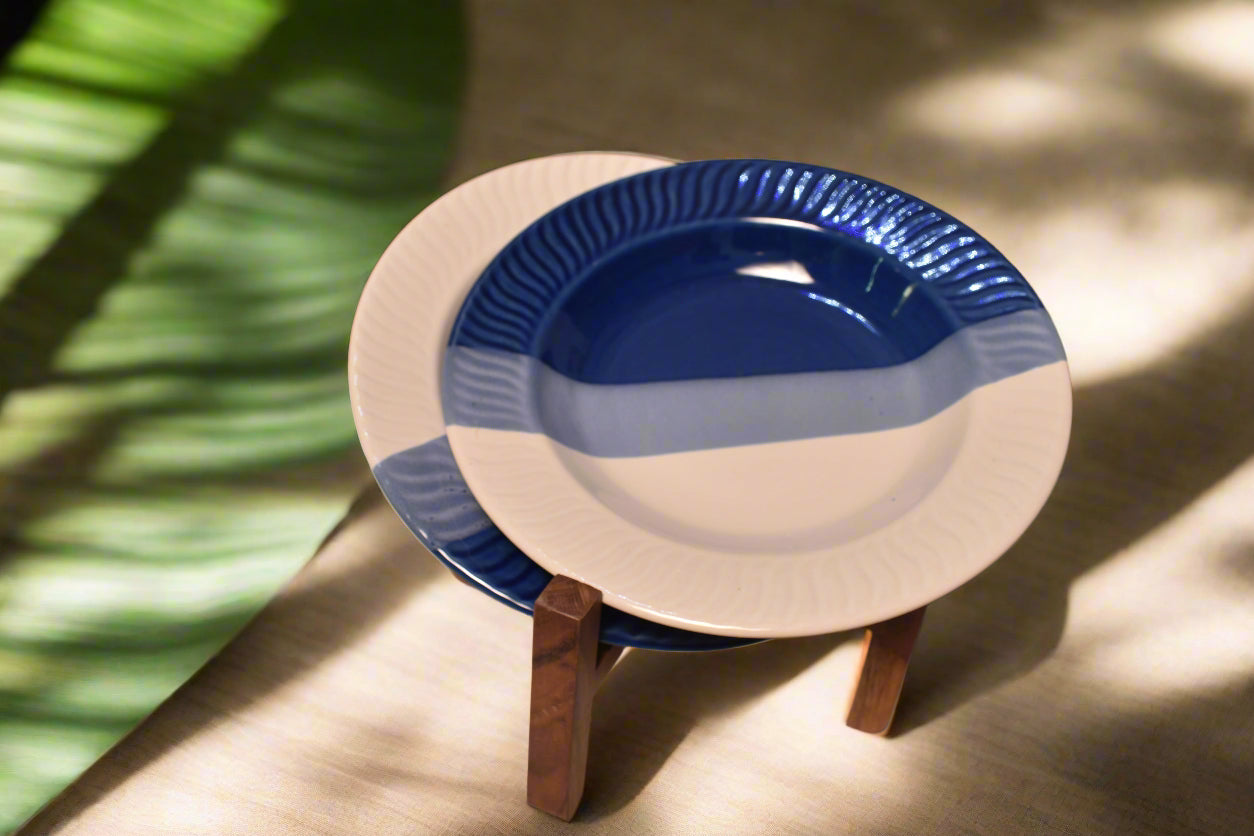 Coastal Waves Blue & Ivory Ceramic Deep Plate