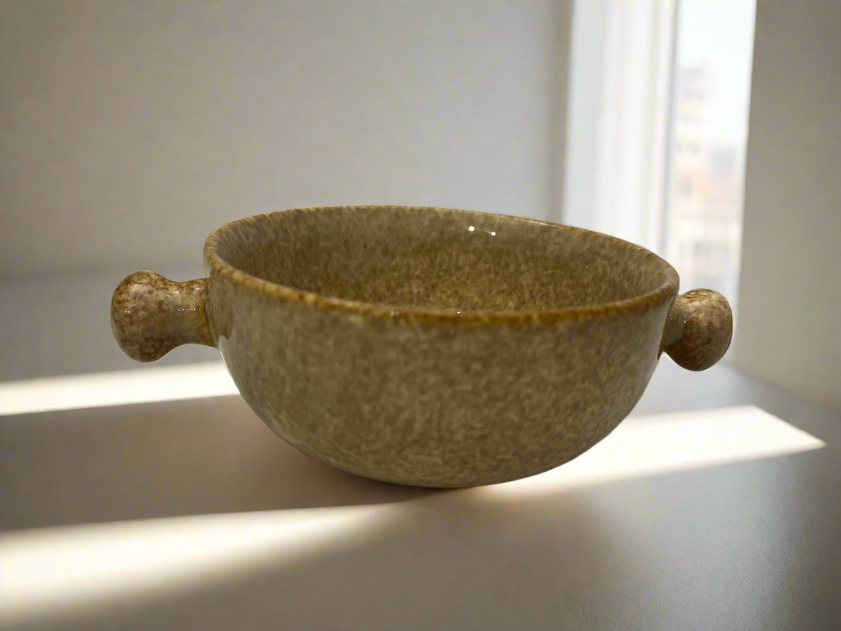 Rustic Ceramic Soup Bowl with Dual Handles – Speckled Beige