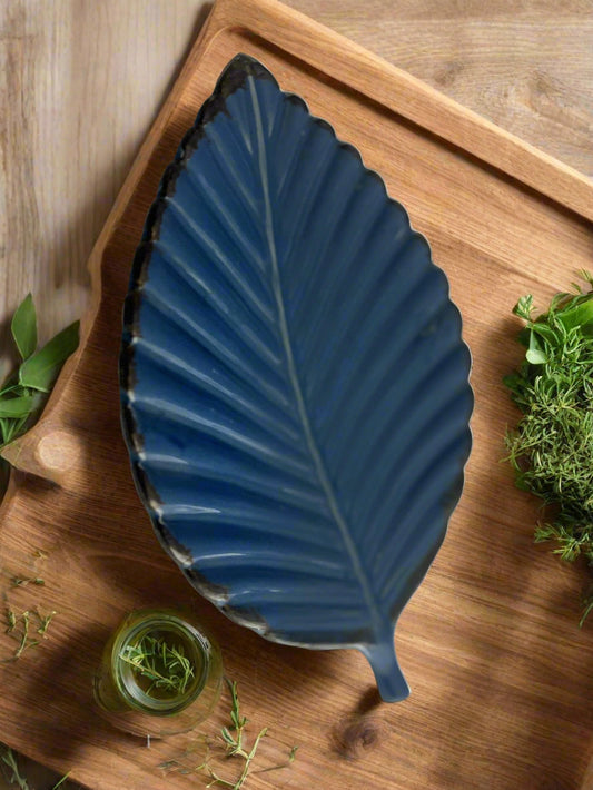 Blue Leaf-Patterned Serving Plate