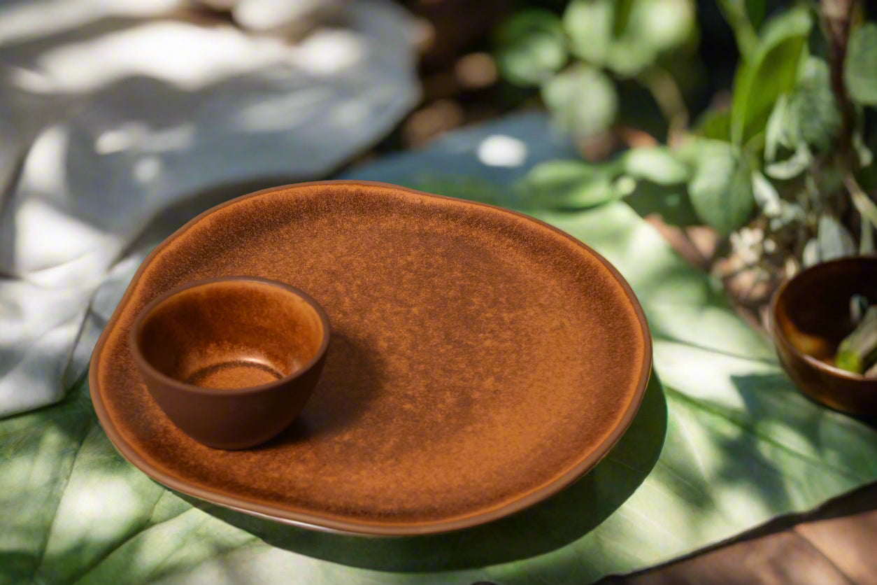 Rustic Brown Ceramic Dinner Set – Full Plate & Bowl