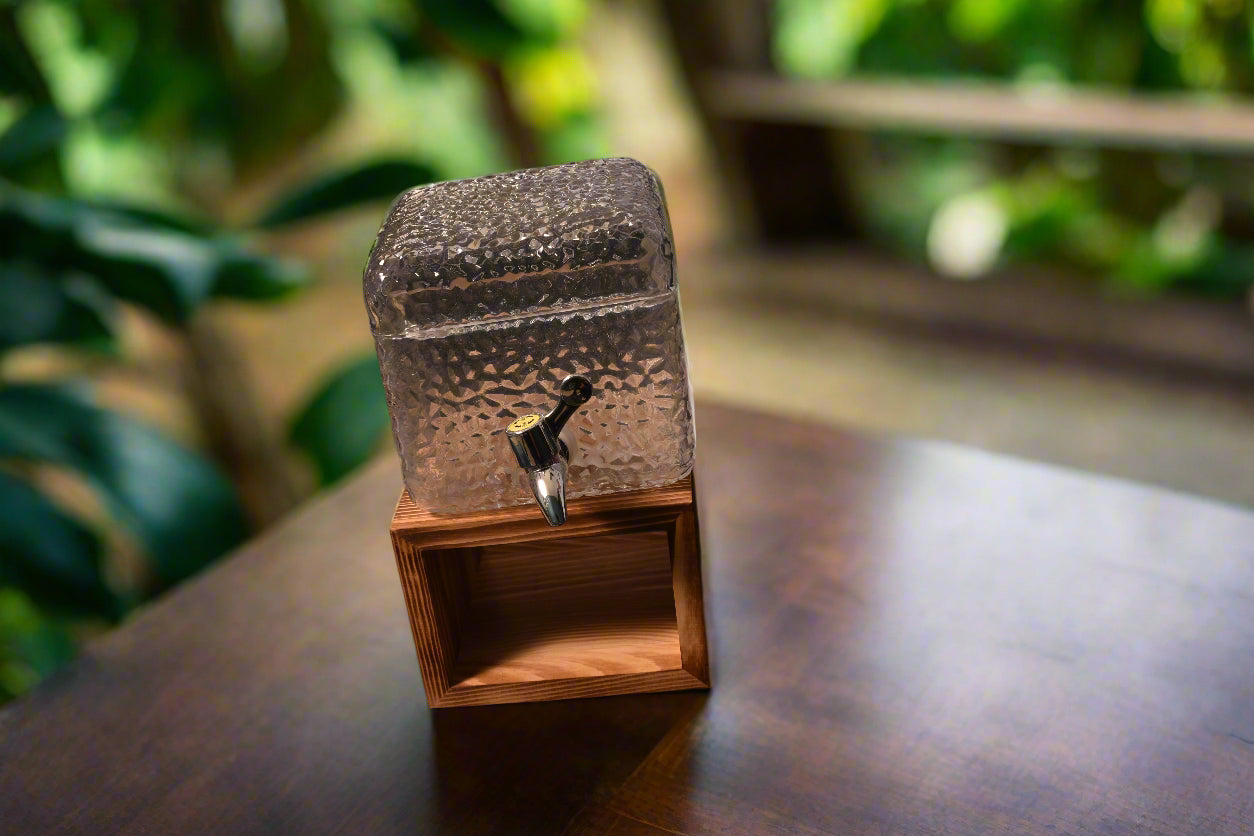 Textured Glass Water Dispenser with Wooden Stand
