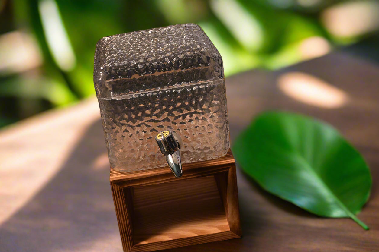 Textured Glass Water Dispenser with Wooden Stand