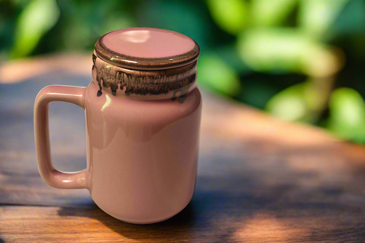 Blush Pink Ceramic Mug with Drip Glaze Lid