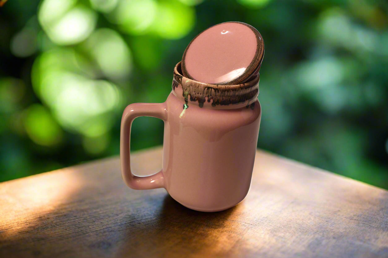 Blush Pink Ceramic Mug with Drip Glaze Lid